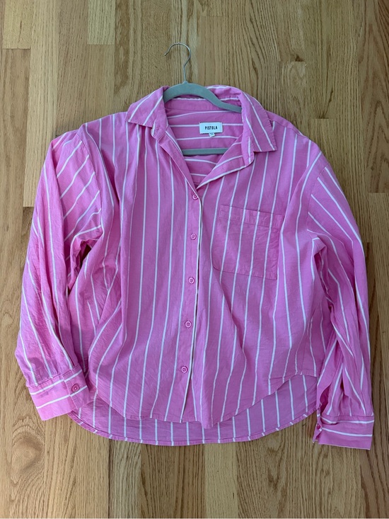pistola Tops - pistola Pink and White Striped Oversized Button-Down